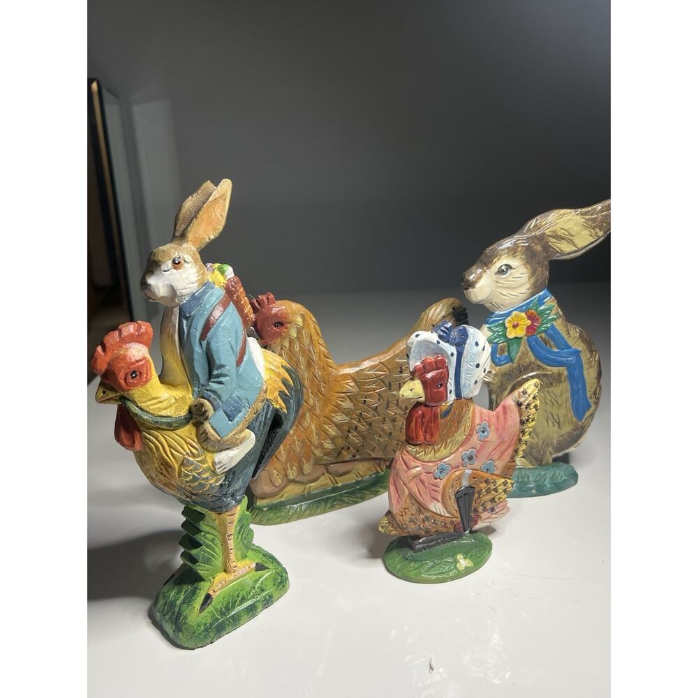 Dept 56 Handmade Painted Wood Rabbit Rooster hen Figures- lot of 4 Vintage